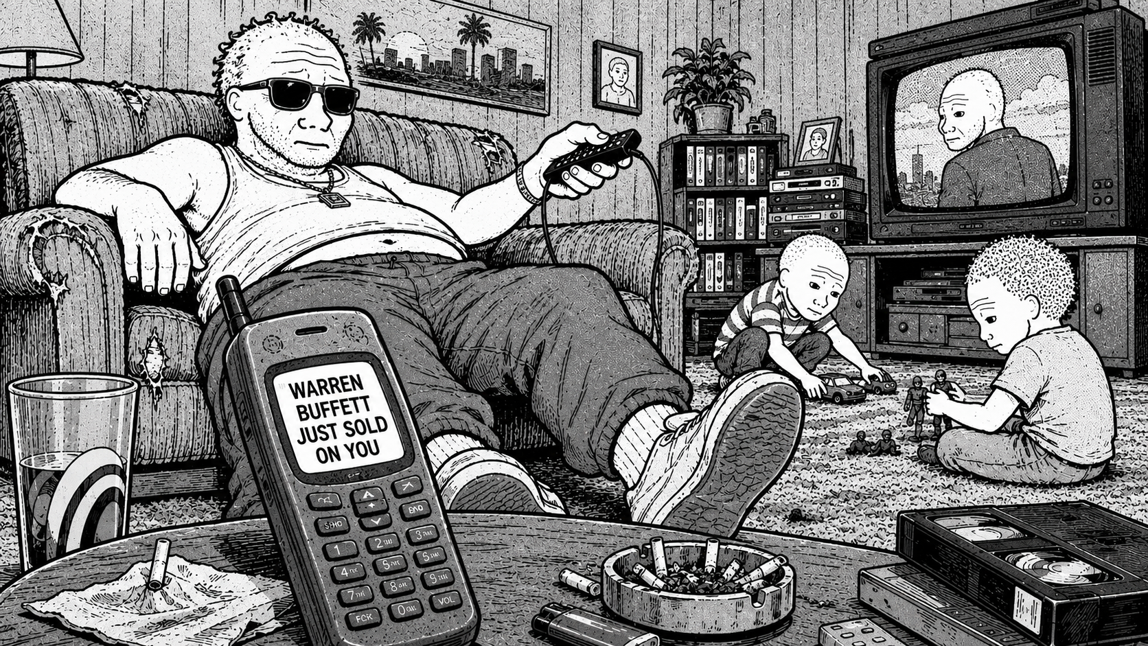 Comic scene of an uncle on a 1990s couch looking at his phone while his children play nearby